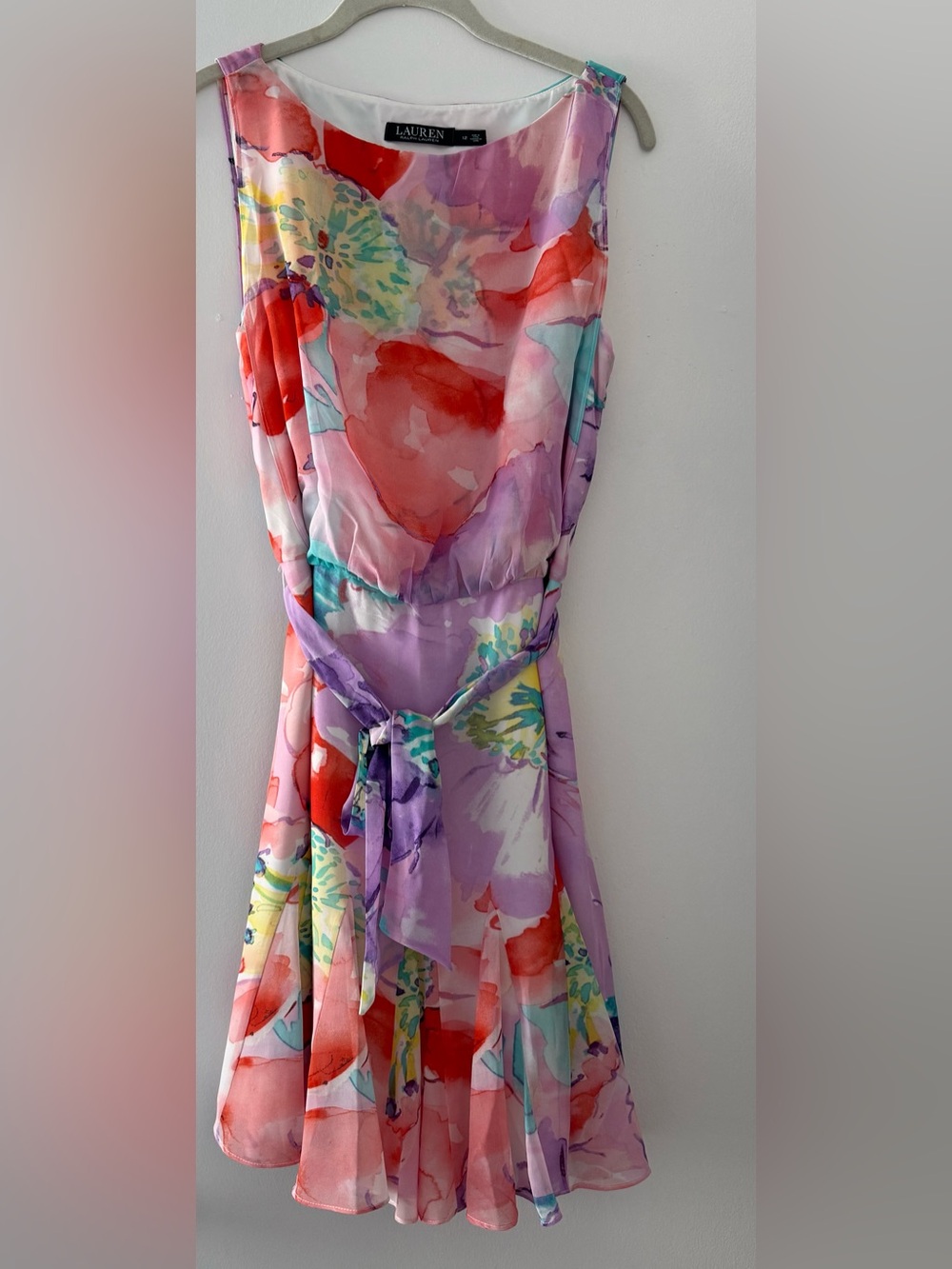 Lauren Ralph Lauren Lavender Watercolor Midi Dress with Red and Aqua Accents